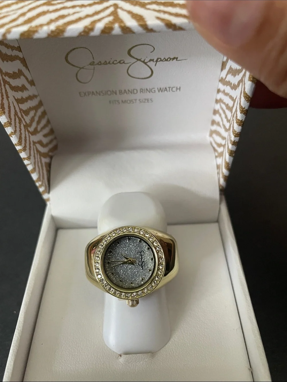 Jessica Simpson Gold-tone Ring Watch with Silver Glitter Dial